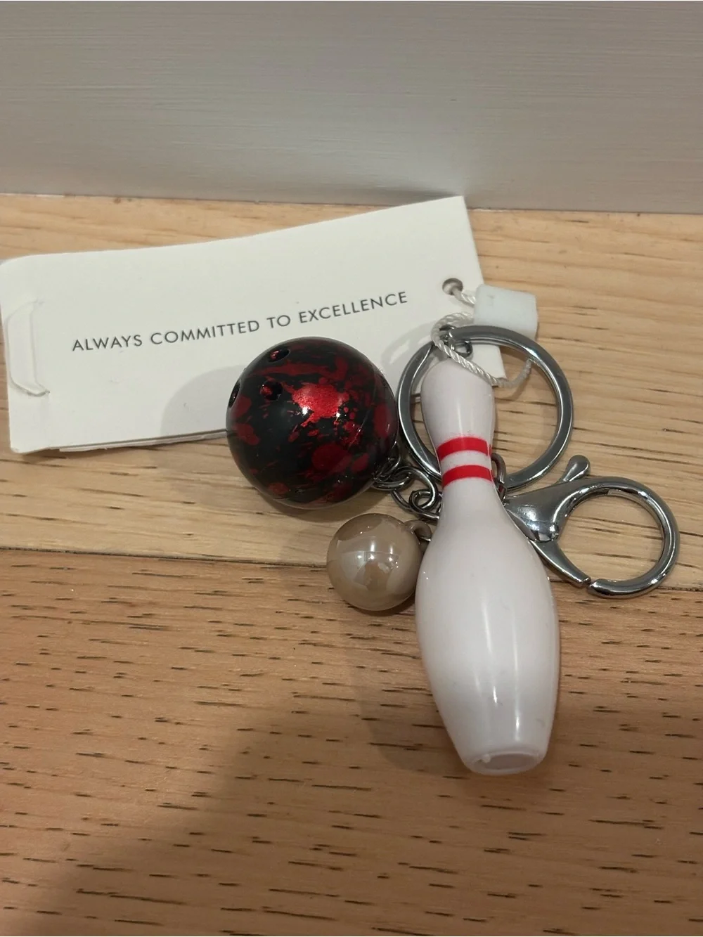 Keychain Charm Set with White Bowling Pin and Black-Red Ball